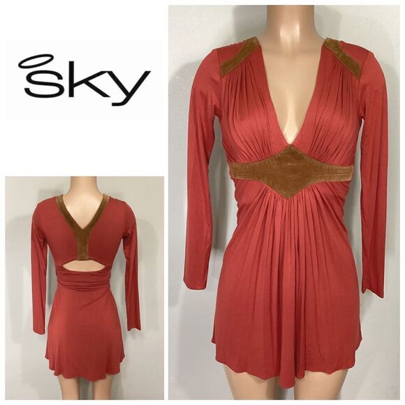 New. SKY burnt orange long sleeve dress with leather trim. Retails $224 - Picture 1 of 6